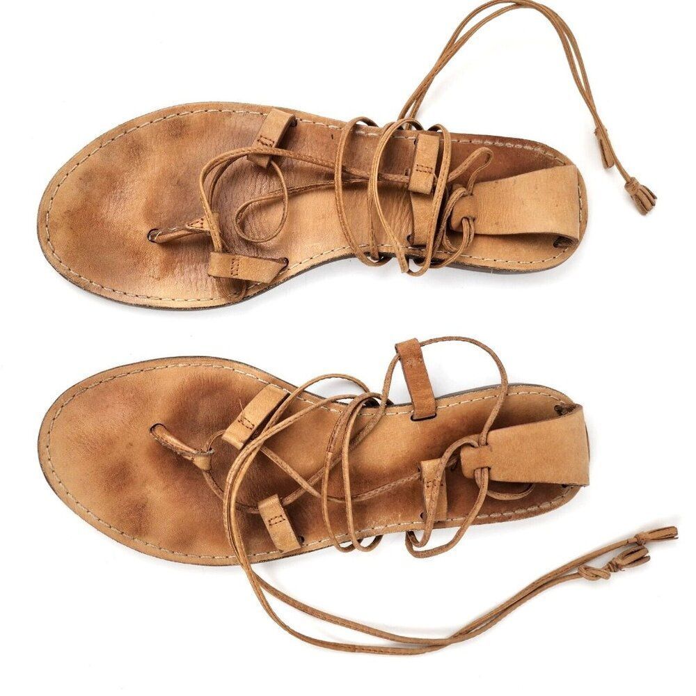 MADEWELL Tan Nude Leather Kana Gladiator Lace Up Thong Sandals Womens 9